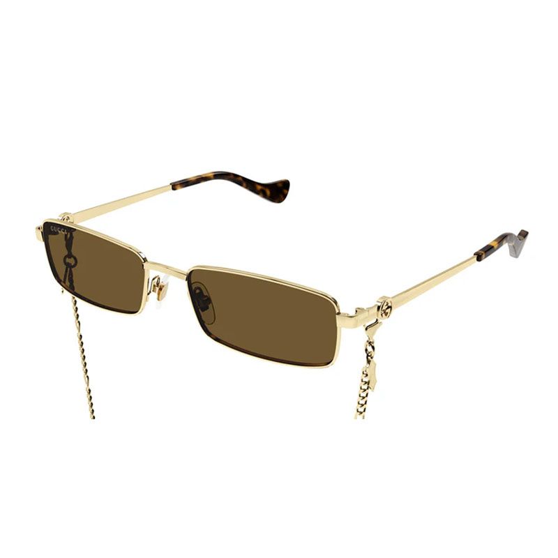 Gucci Sunglasses Rectangle Full Rim, Gold With Gold Chain Frame And Brown Lens